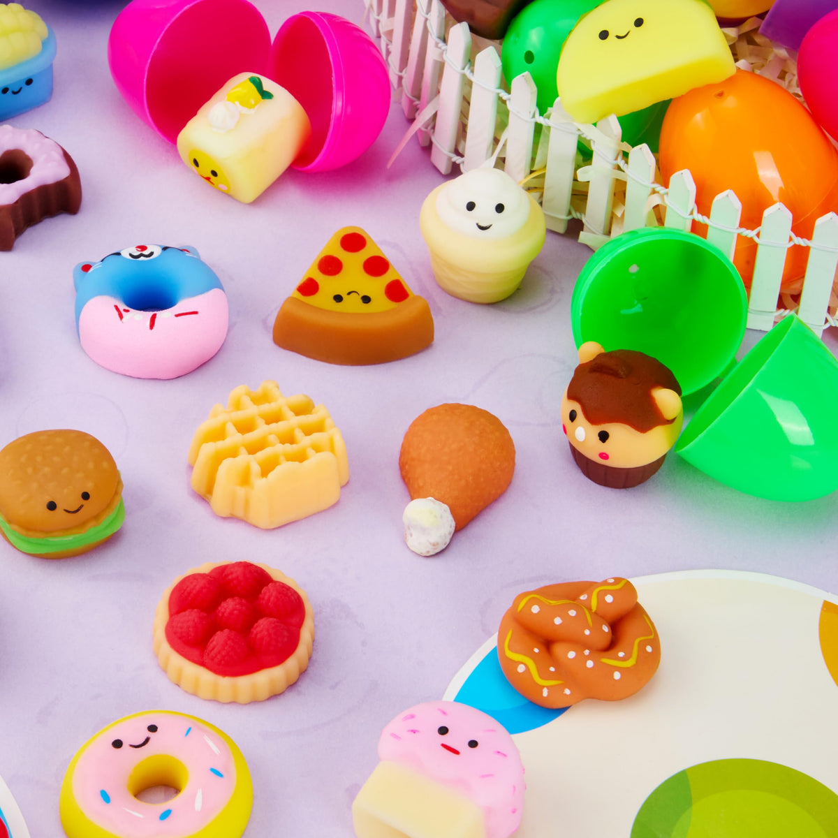 24Pcs Prefilled Easter Eggs with Fast Food & Dessert Mochi Squishy Toys for Egg Hunt, Party Favors & Basket Stuffers