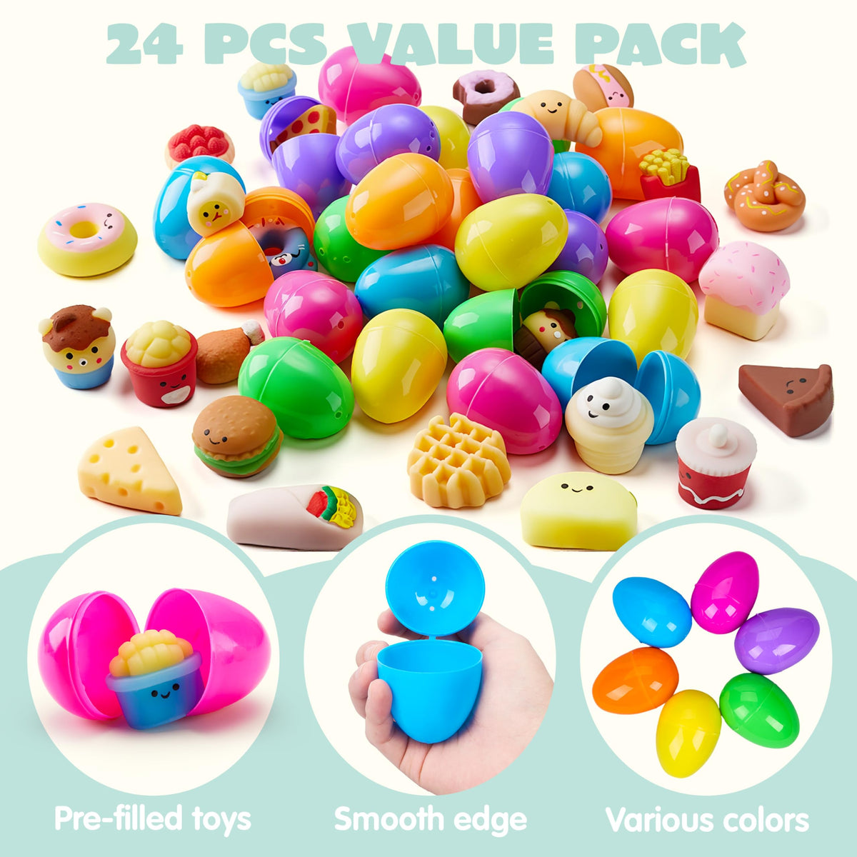 24Pcs Prefilled Easter Eggs with Fast Food & Dessert Mochi Squishy Toys for Egg Hunt, Party Favors & Basket Stuffers