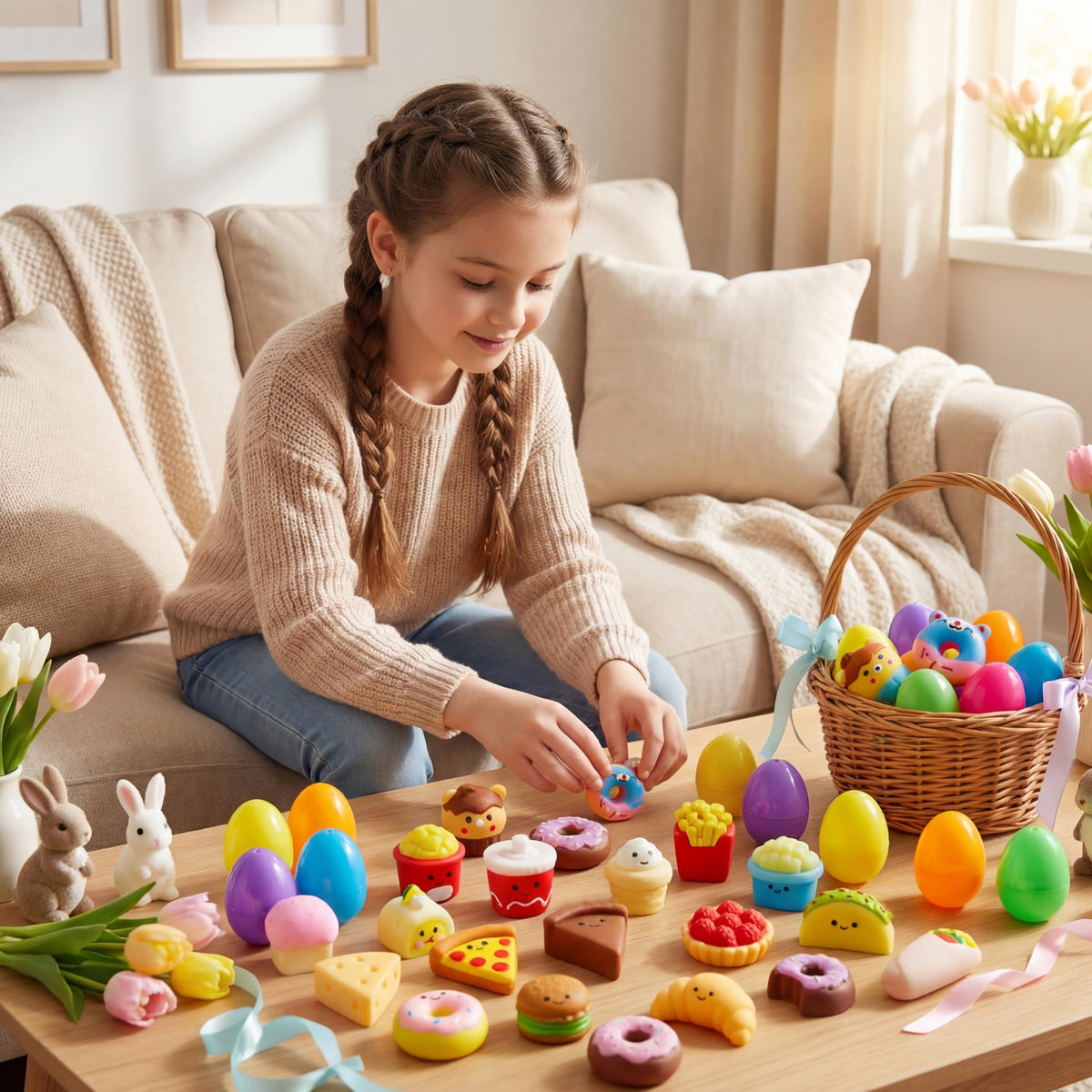 24Pcs Prefilled Easter Eggs with Fast Food & Dessert Mochi Squishy Toys for Egg Hunt, Party Favors & Basket Stuffers