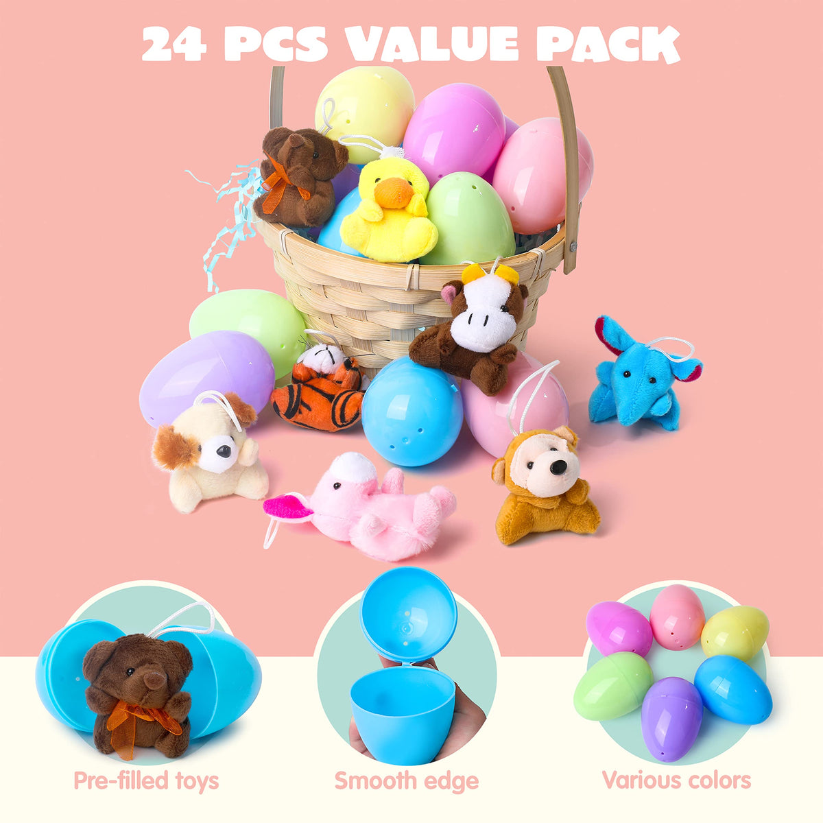 24Pcs Prefilled Easter Eggs with Mini Plush Animal Toys for Kids