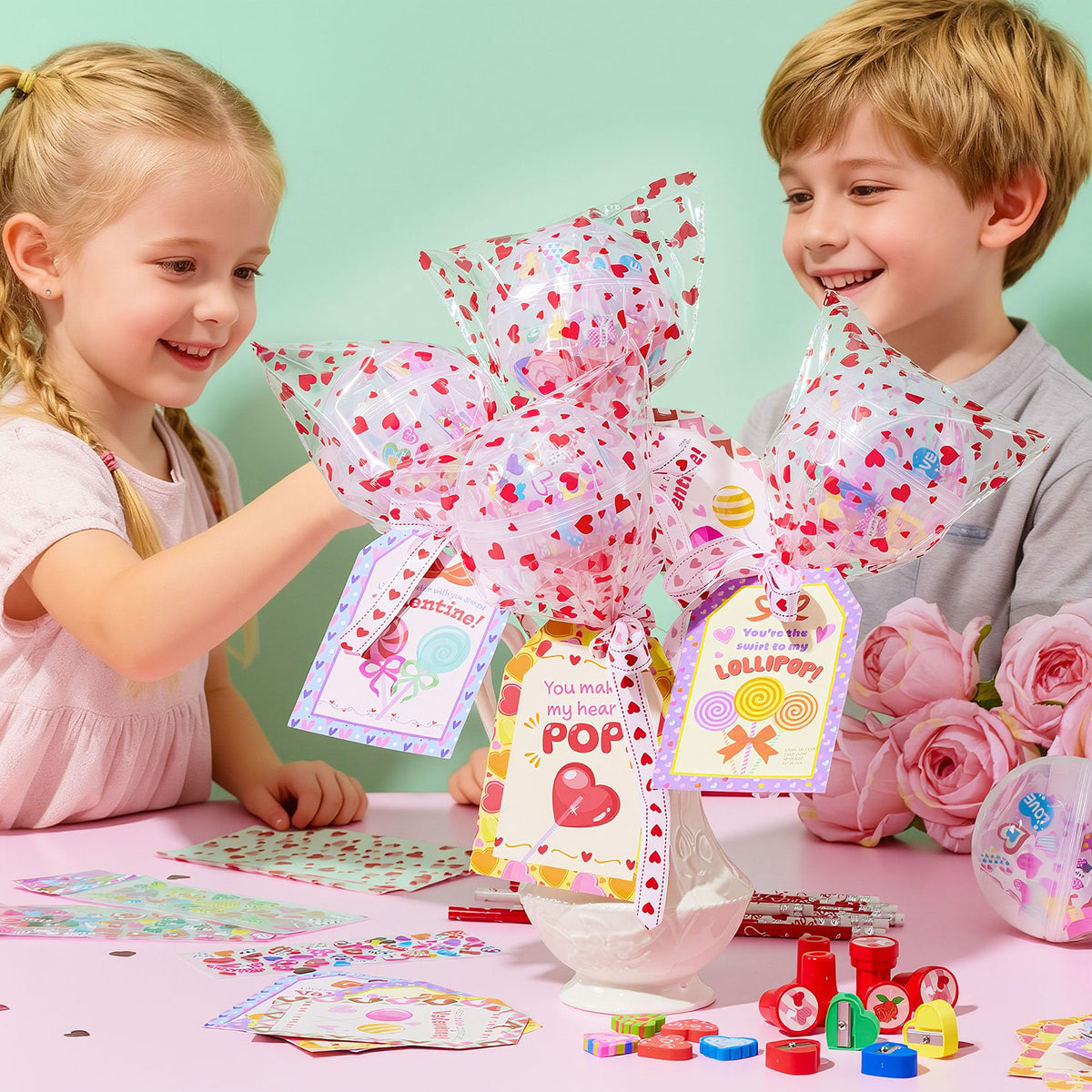 28 Packs Giant Valentine Lollipop Stationery Set with Cards, Includes Pencils Erasers Stampers Sharpener Stickers