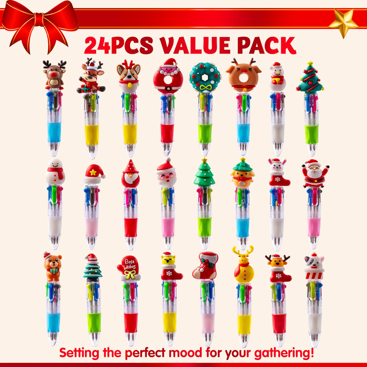 24 PCS Christmas Multicolor Pens Bulk For Kids