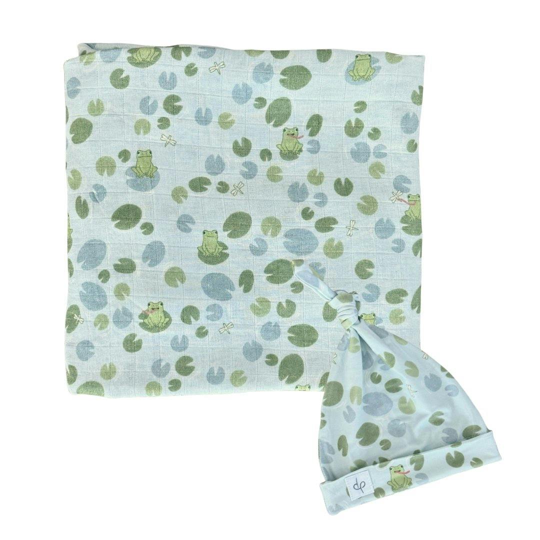 Bamboo Muslin Swaddle Blanket & Topknot Set - Ribbits By The Pond