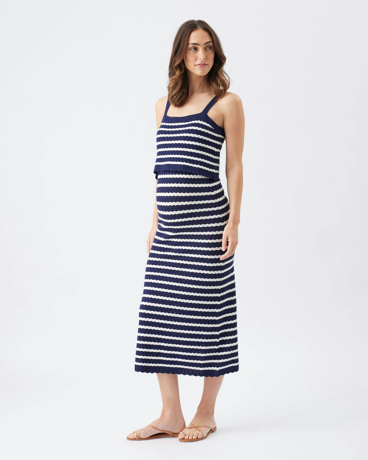 Pointelle Knit Nursing Dress Navy / White