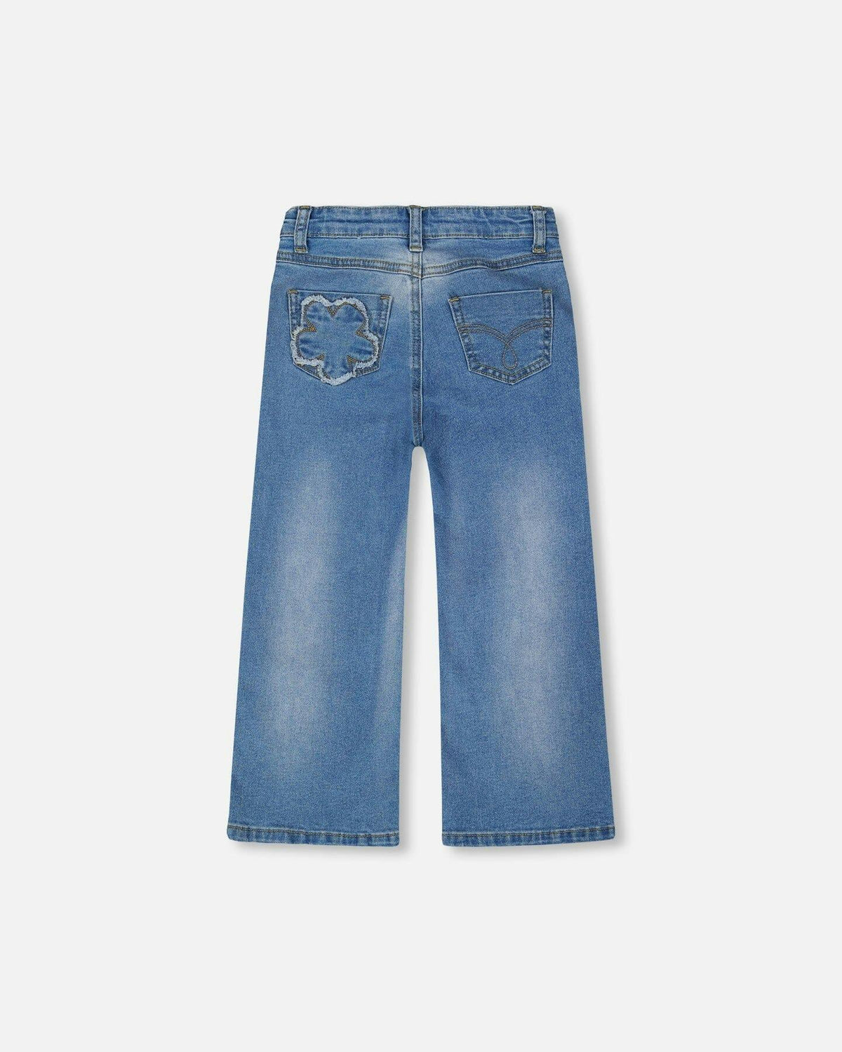 Wide Leg Stretch Light Blue Denim Jeans With Flower Stitching