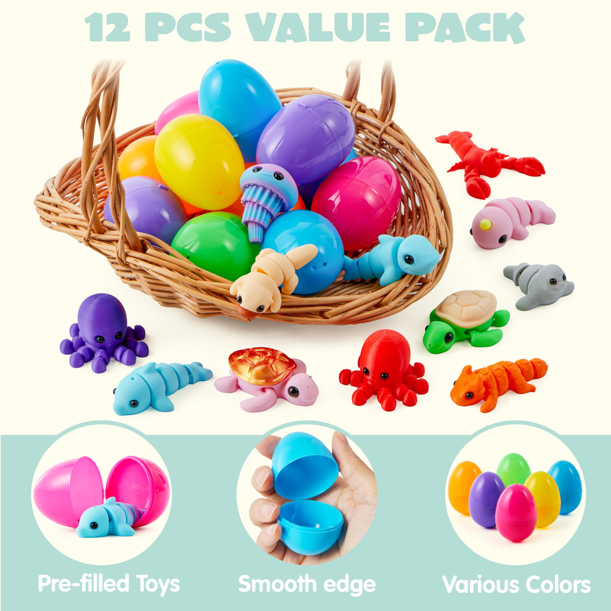 12Pcs Prefilled Easter Eggs with Mini Sea Animals