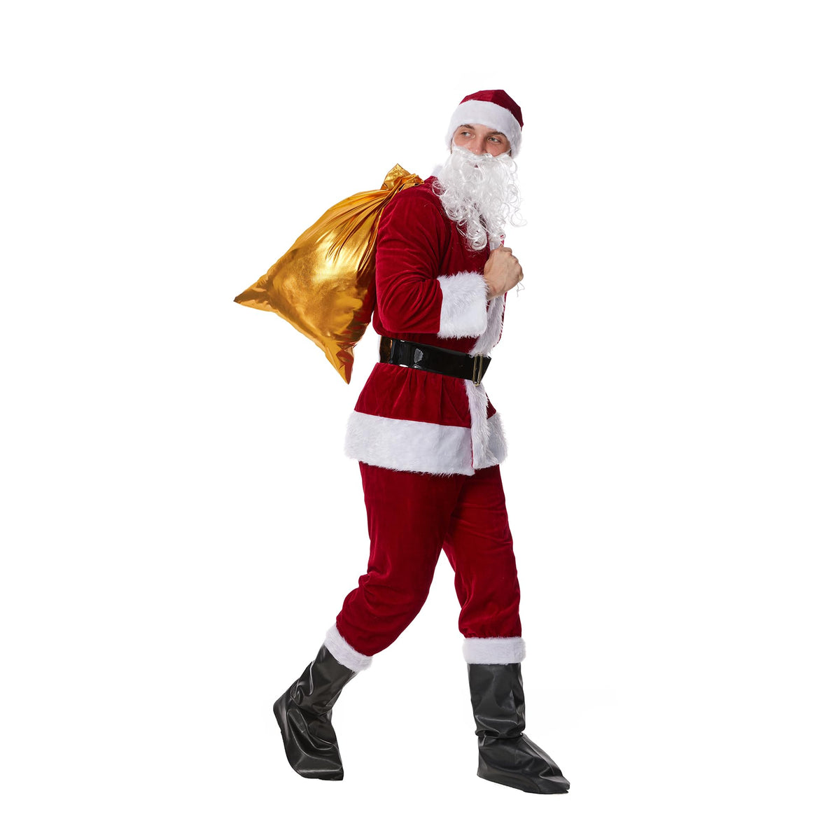 muyulin Men's Santa Claus Costume Adults Suit 7 Pcs, Deluxe Velvet Large Santa Outfits for Christmas, Cosplay Party, with hats, beard, belt