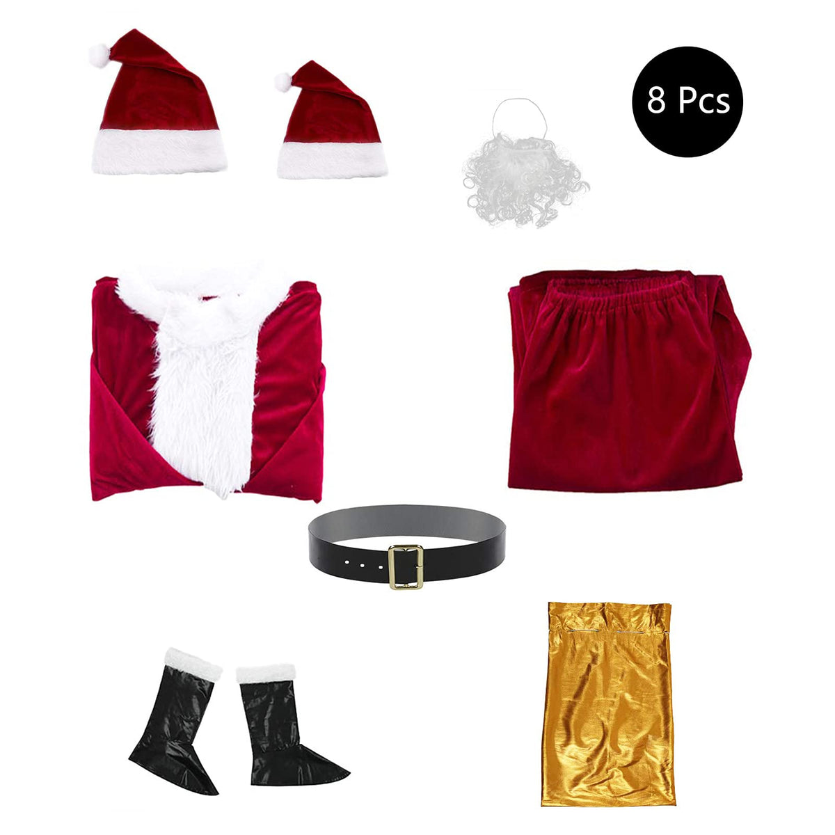 muyulin Men's Santa Claus Costume Adults Suit 7 Pcs, Deluxe Velvet Large Santa Outfits for Christmas, Cosplay Party, with hats, beard, belt