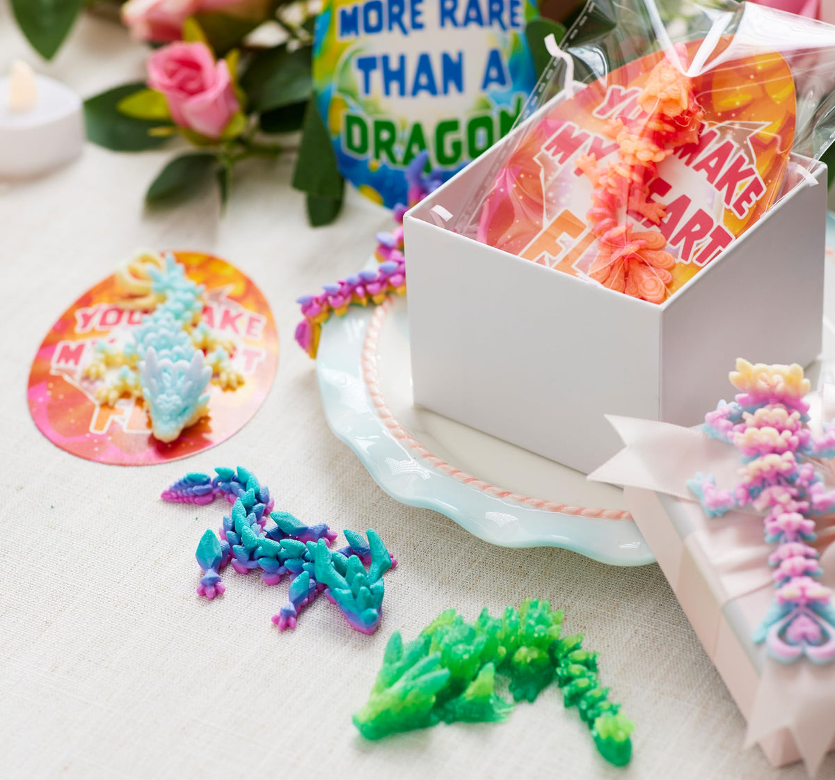 28PCS 3D Printed Dragon with Valentine's Day Cards for Classroom Exchange