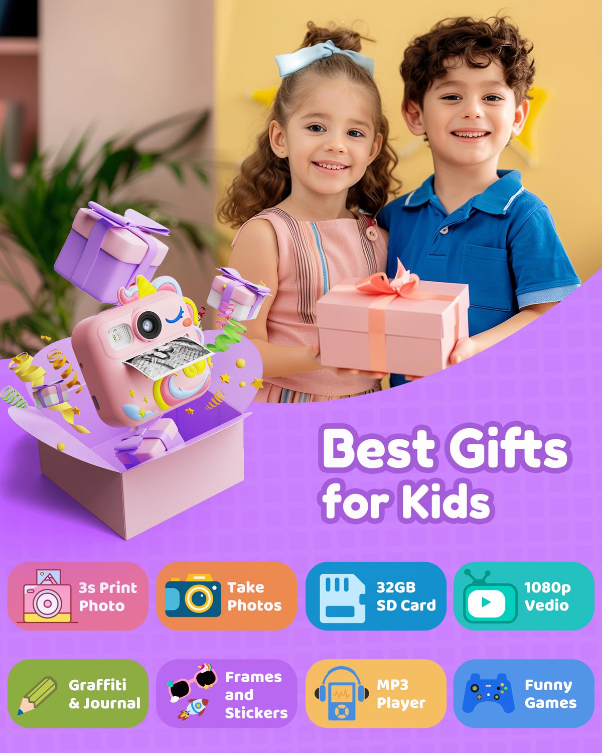 KOKODI Kids Camera Instant Print, Toddler Cameras Christmas Birthday Gifts for Girls Age 3-12, Digital Video Instant Printable Camera for Kids,Toys for Ages 5-7 Girls (Pink)