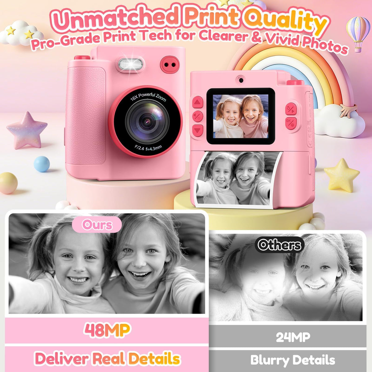 Yunaking Kids Camera Instant Print, Birthday Christmas Girls Gift 3-12 Pink