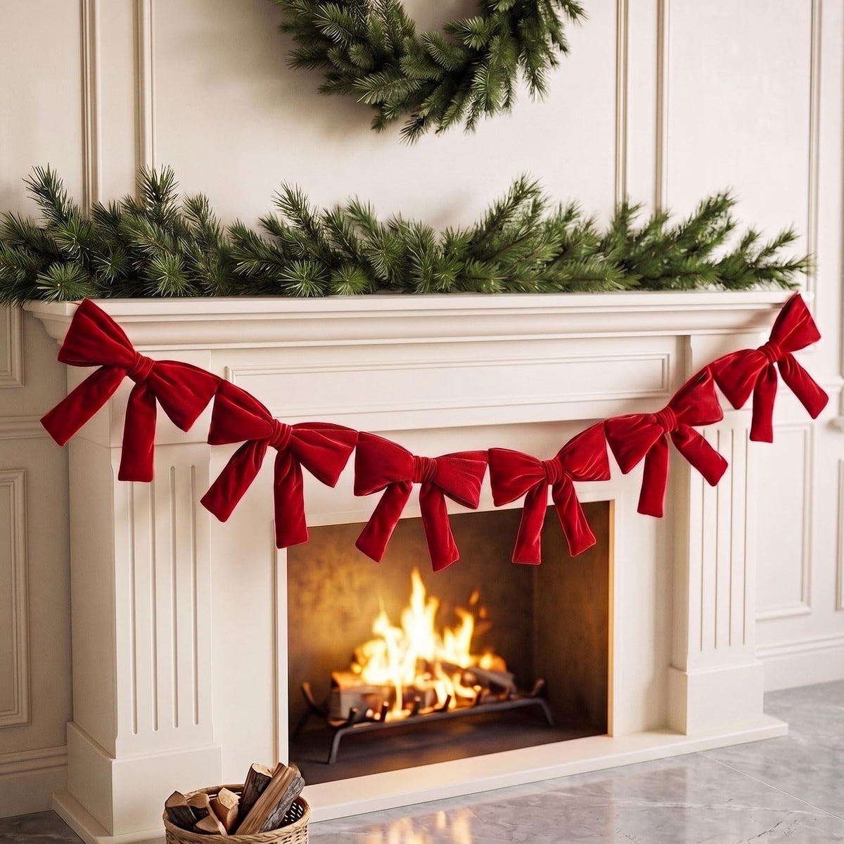 Christmas Decorations - 6 Ft Red Velvet Bow Garland