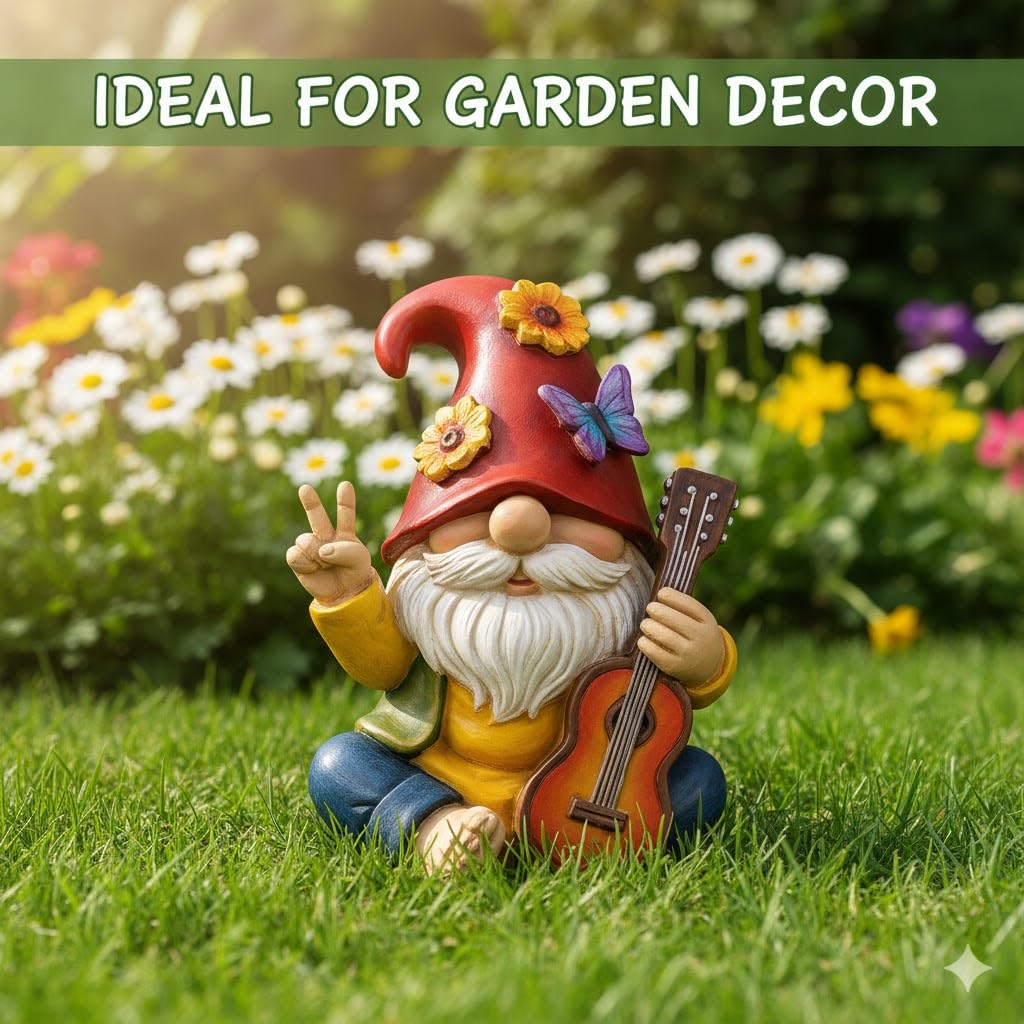 GoGnome Peace Sign Garden Gnome Figurine Outdoor Statue, Funny Guitar Playing Dwarf Rock Music Decor - 6‘’ Resin Lawn Ornament, Unique Housewarming Gift for Music Lovers & Gardeners (Red)