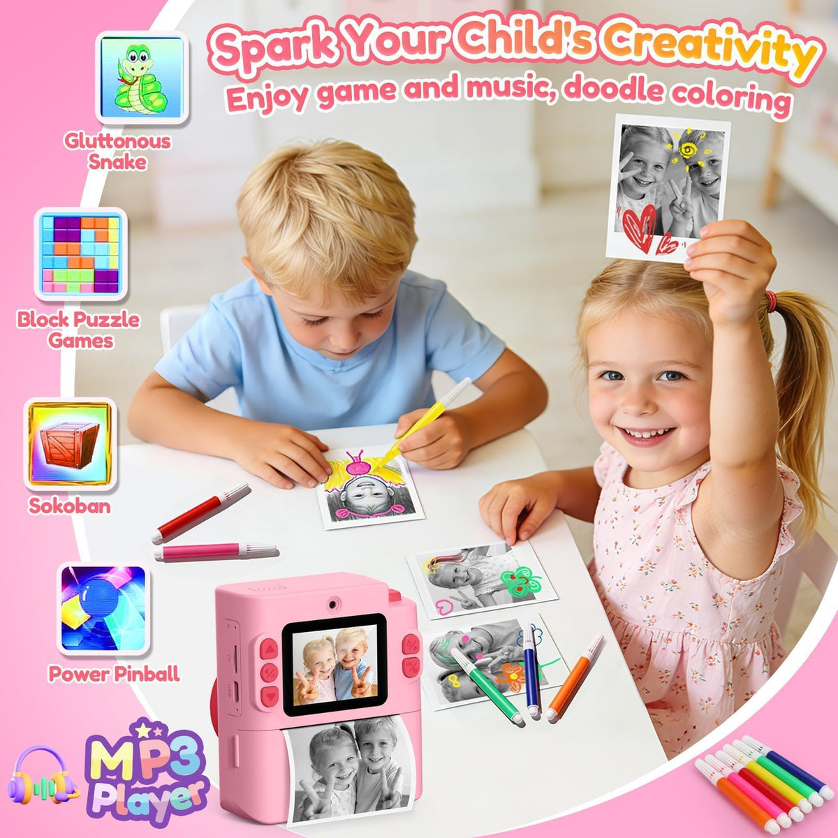 Yunaking Kids Camera Instant Print, Birthday Christmas Girls Gift 3-12 Pink