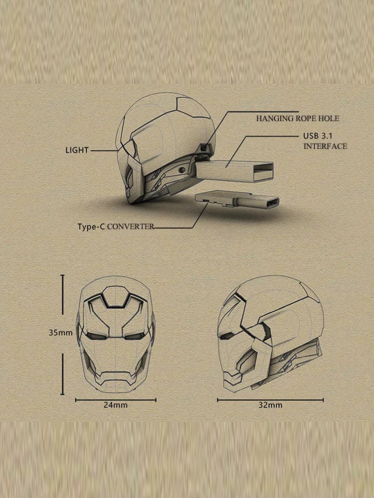 Iron Man Helmet USB Flash Drive | Openable Helmet & Glowing Eyes | 32G / 64G / 128G