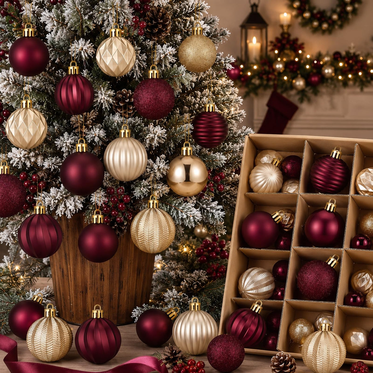 Lunmon 64 Pcs Burgundy and Gold Christmas Ball Ornament 1.57/1.97/2.36 Inch