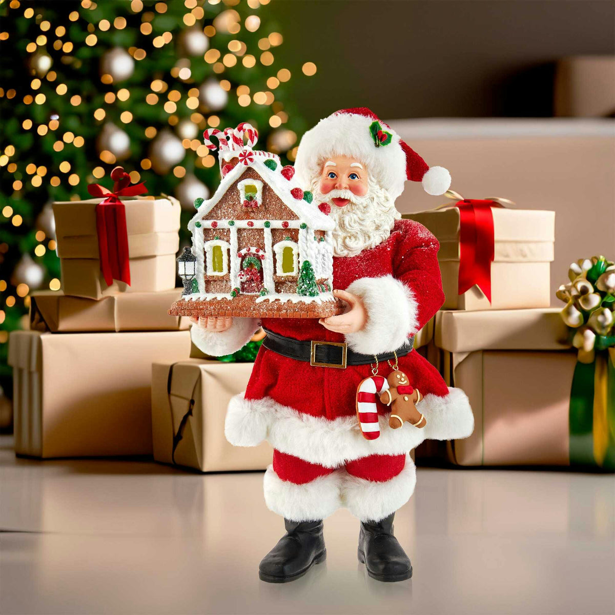 11-Inch Battery-Operated Santa with Light-Up Gingerbread House