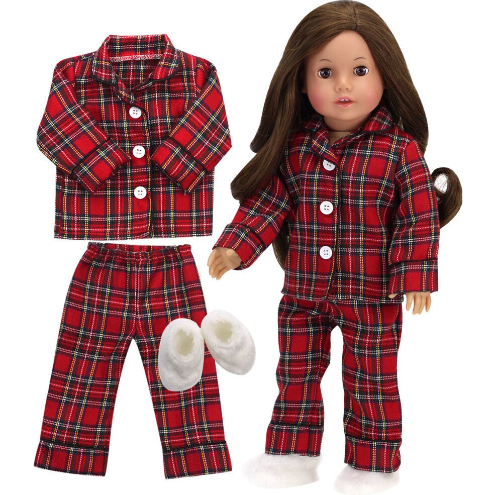 Sophia's Flannel Pajama and Fuzzy Slippers for 18'' Dolls, Red/Black/White