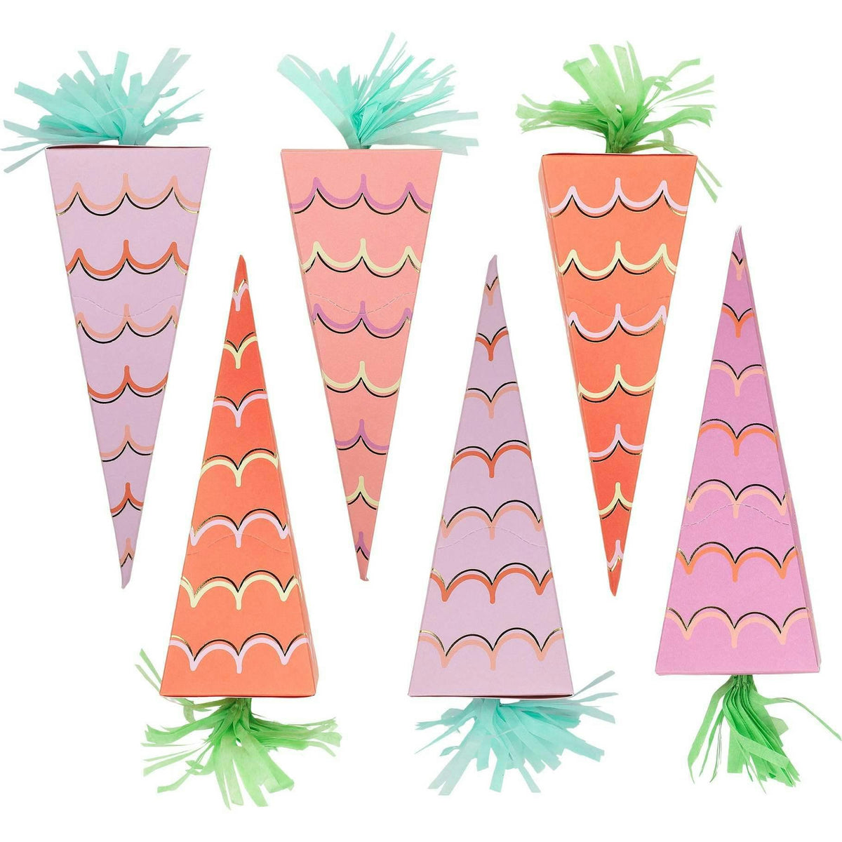 Packed Party Garden Party Carrot Easter Party Crackers Set of 6 - Gold Foil Carrot-Shaped Poppers with Multicolor Confetti and Metal Charm Surprises, 8-9 Inch