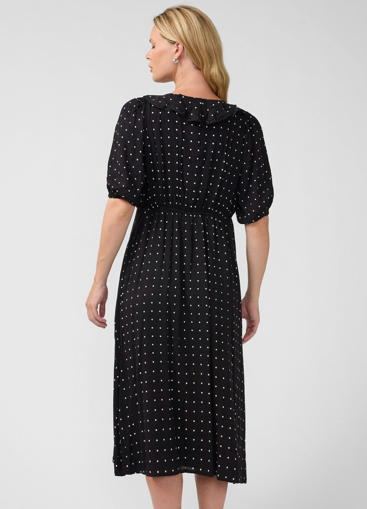 Polka Dot V-Neck Ruffle Maternity Midi Dress