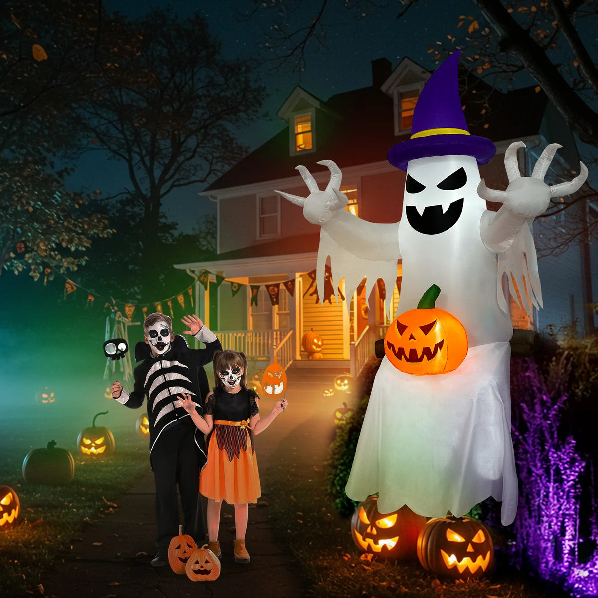 Inflatable Pumpkin Skeleton Ghost Halloween Yard Decoration LED Lights 1.8m