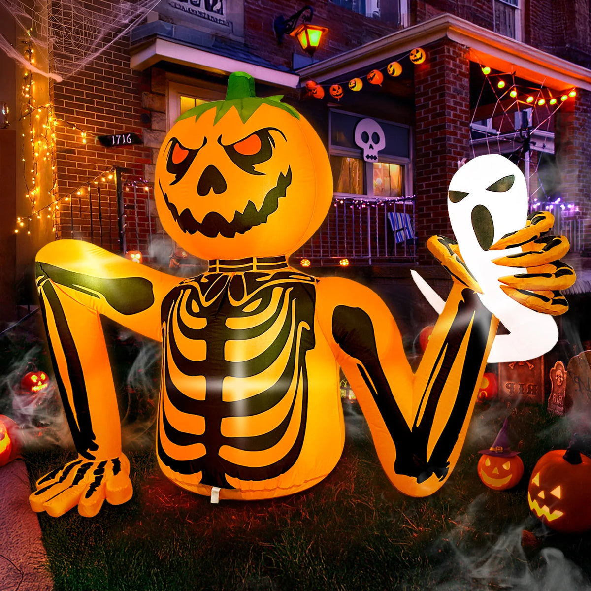 Inflatable Pumpkin Skeleton Ghost Halloween Yard Decoration LED Lights 1.8m