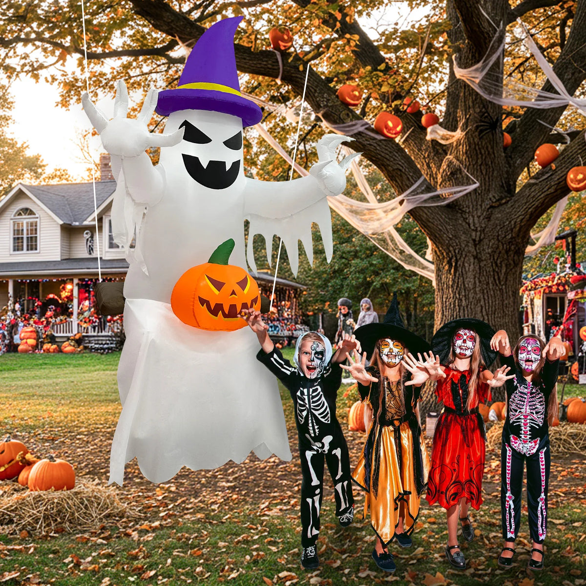 Inflatable Pumpkin Skeleton Ghost Halloween Yard Decoration LED Lights 1.8m
