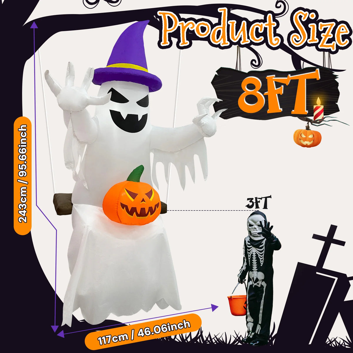 Inflatable Pumpkin Skeleton Ghost Halloween Yard Decoration LED Lights 1.8m