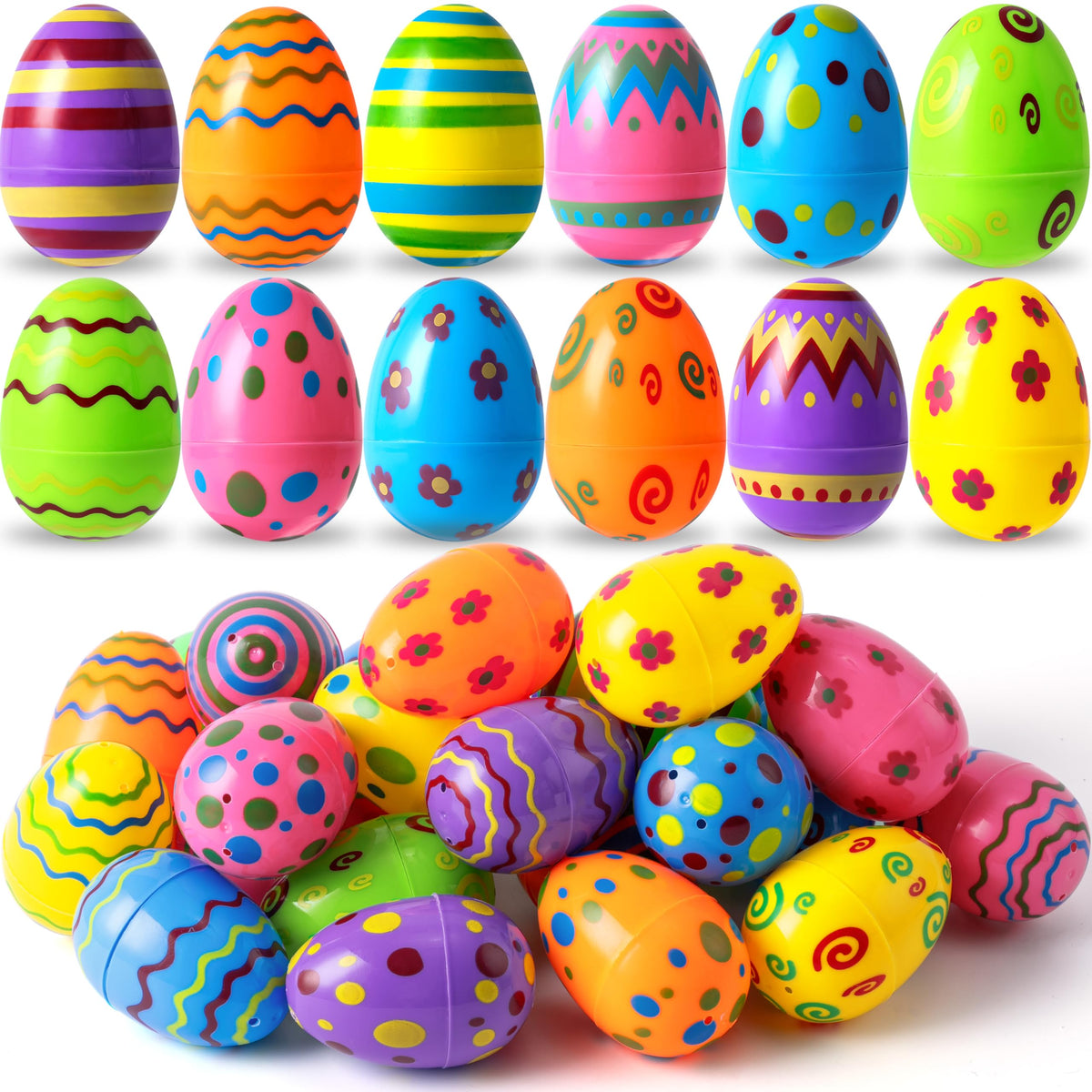 JOYIN 100 Pcs Plastic Printed Bright Easter Eggs 3.15'' Fillable Empty Eggs for Easter Hunt