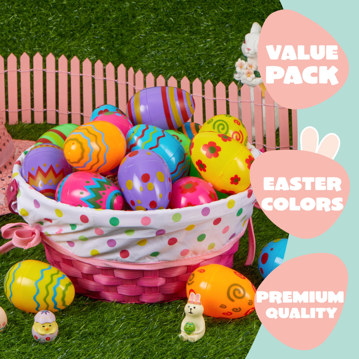JOYIN 100 Pcs Plastic Printed Bright Easter Eggs 3.15'' Fillable Empty Eggs for Easter Hunt