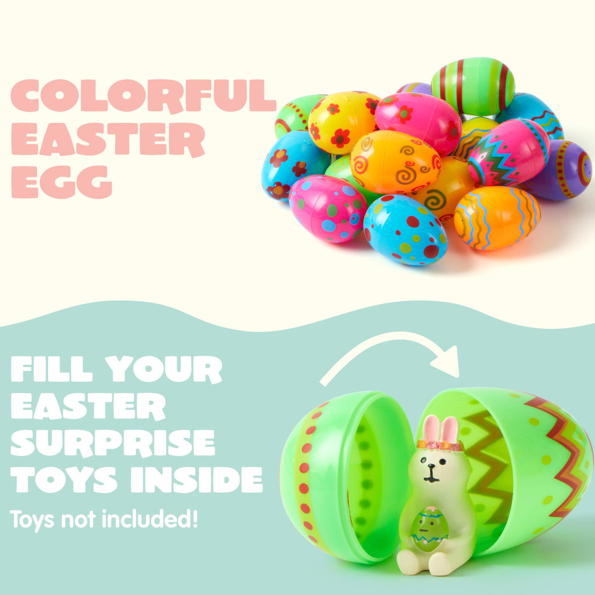 JOYIN 100 Pcs Plastic Printed Bright Easter Eggs 3.15'' Fillable Empty Eggs for Easter Hunt