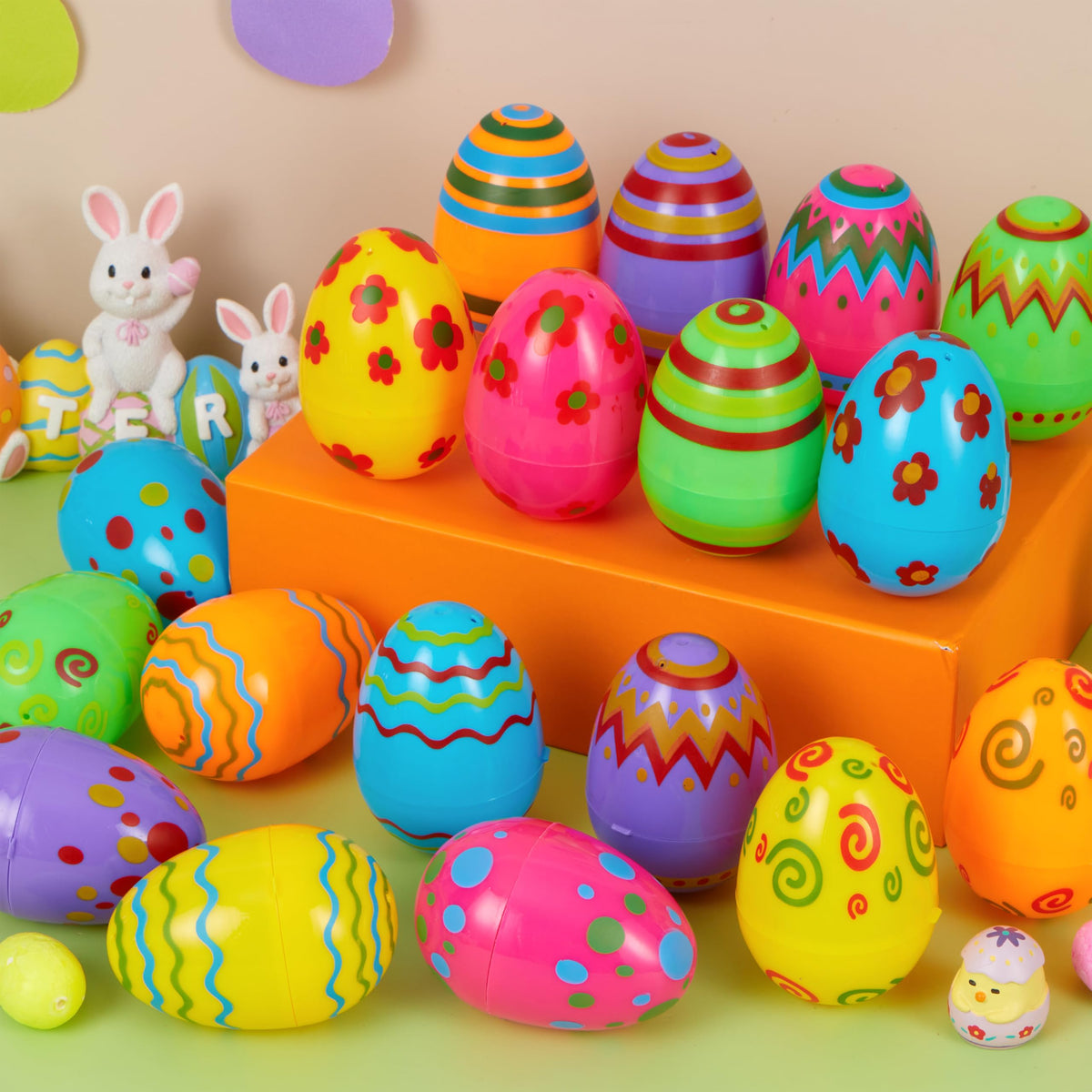 JOYIN 100 Pcs Plastic Printed Bright Easter Eggs 3.15'' Fillable Empty Eggs for Easter Hunt