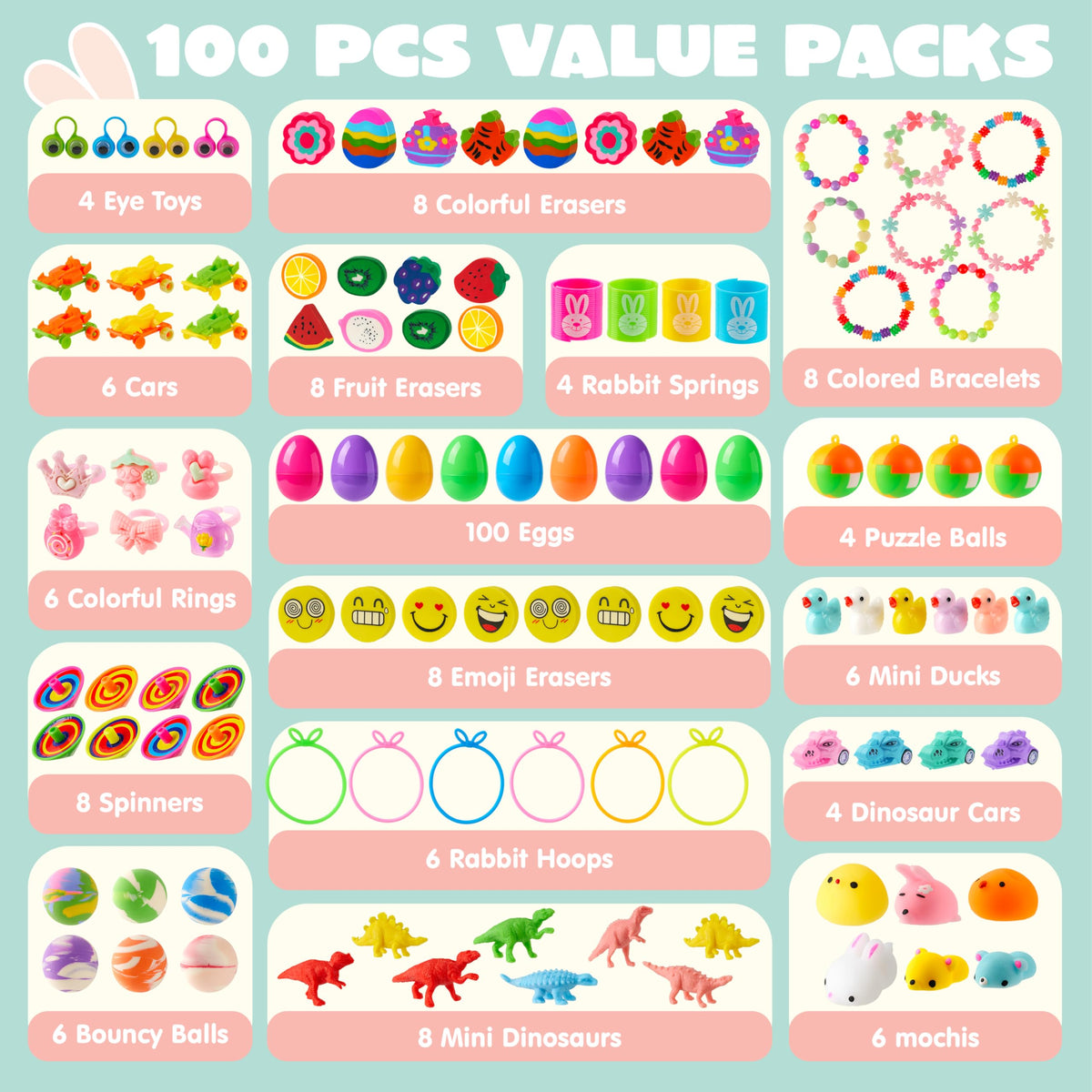 JOYIN 100 Pcs Prefilled Easter Eggs with Assorted Toys