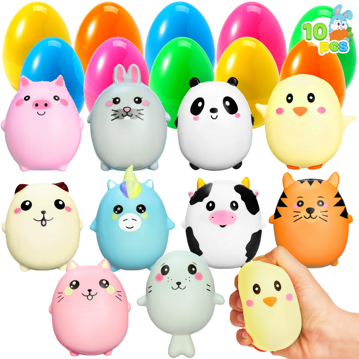 JOYIN 10 Pcs Jumbo Easter Eggs with Animal Squishy Toys