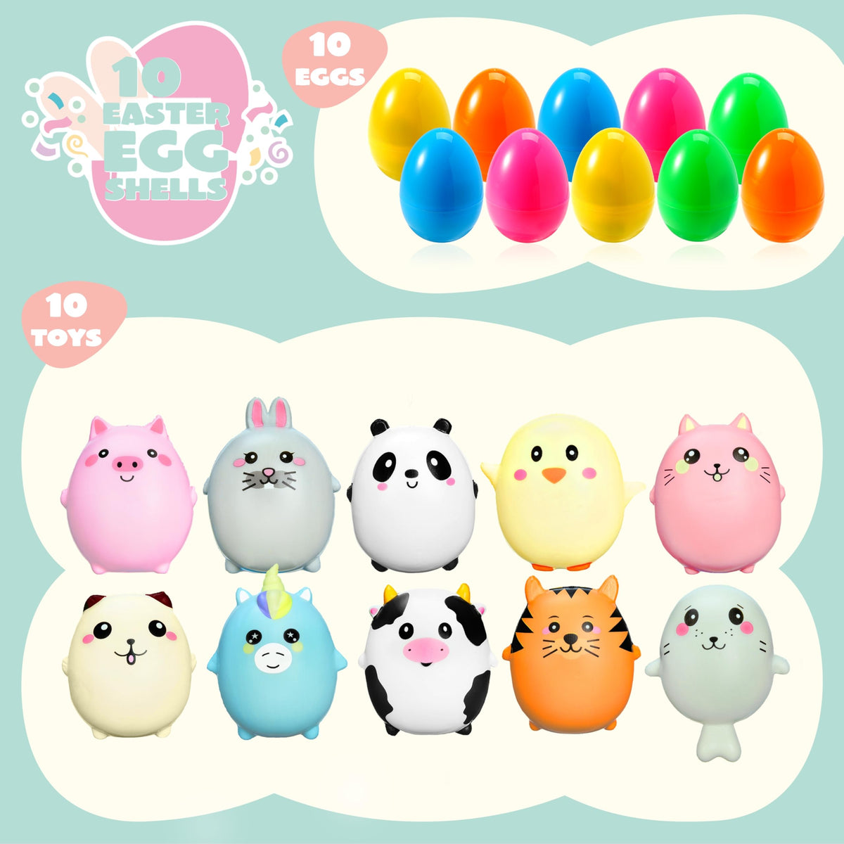 JOYIN 10 Pcs Jumbo Easter Eggs with Animal Squishy Toys