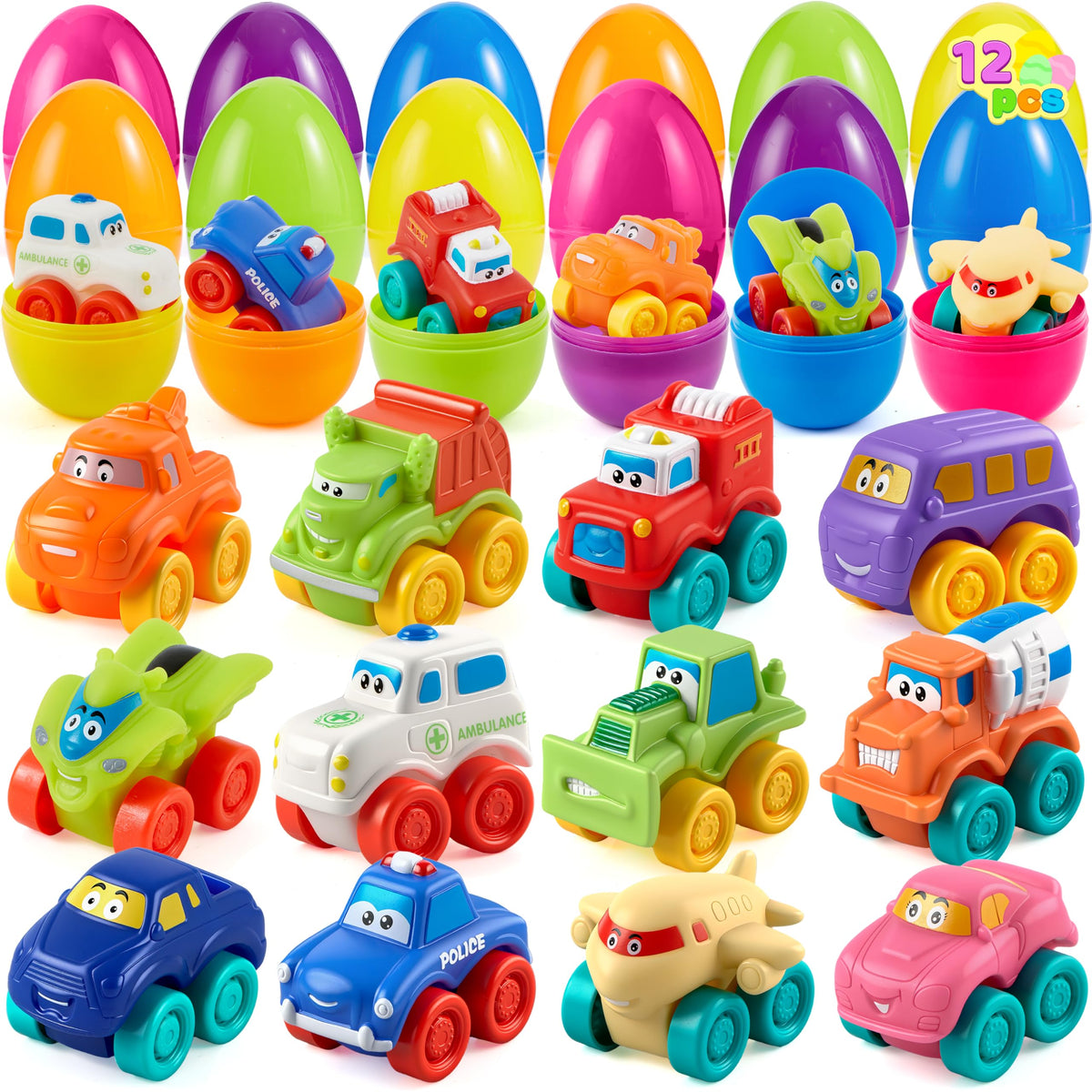 JOYIN 12 Pcs Easter Eggs with Rubber Cars