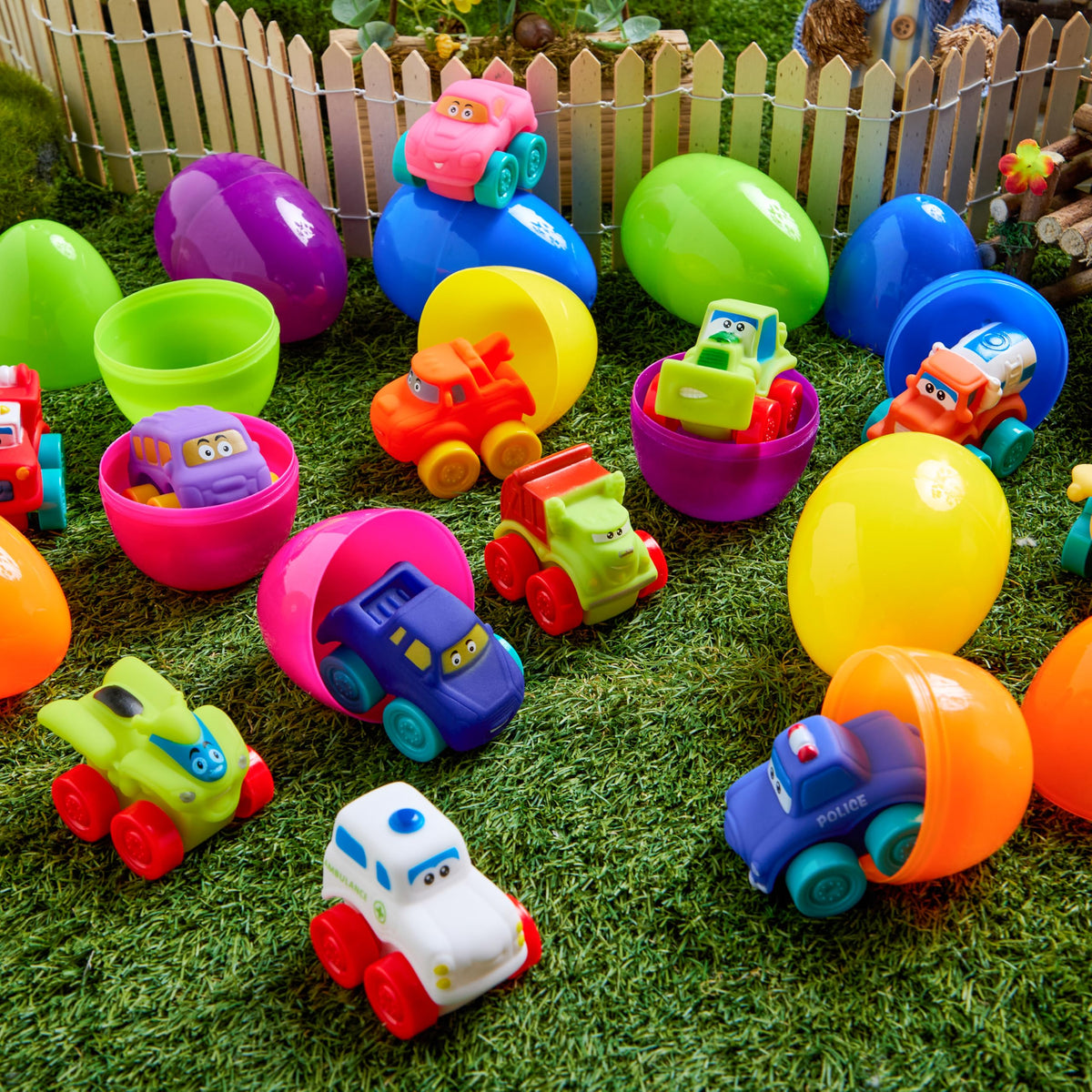 JOYIN 12 Pcs Easter Eggs with Rubber Cars