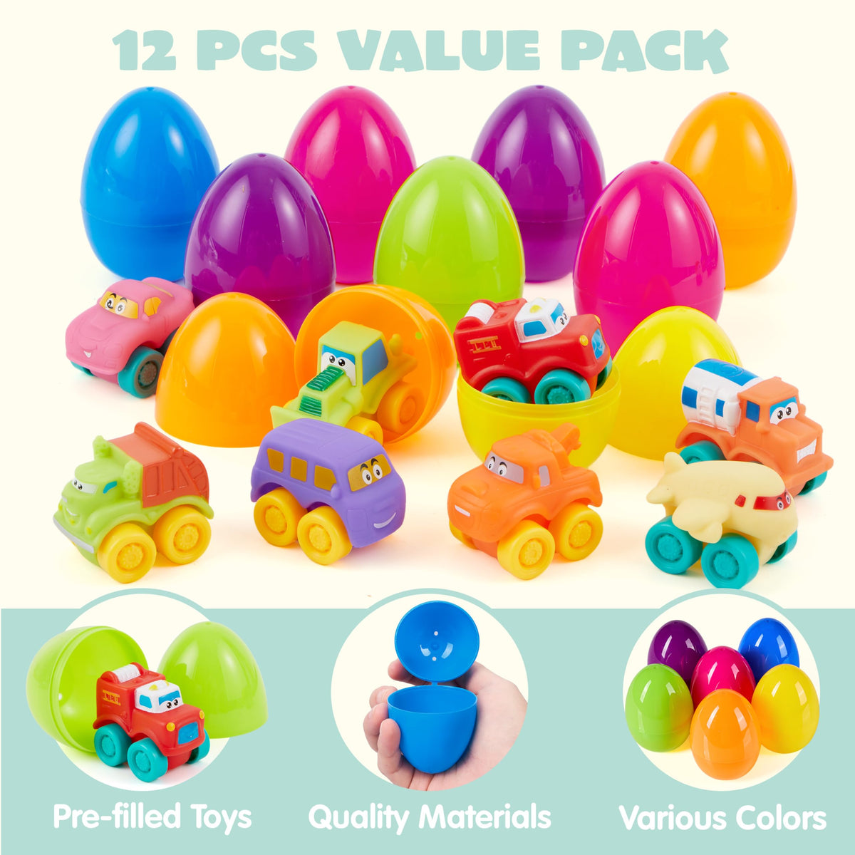 JOYIN 12 Pcs Easter Eggs with Rubber Cars