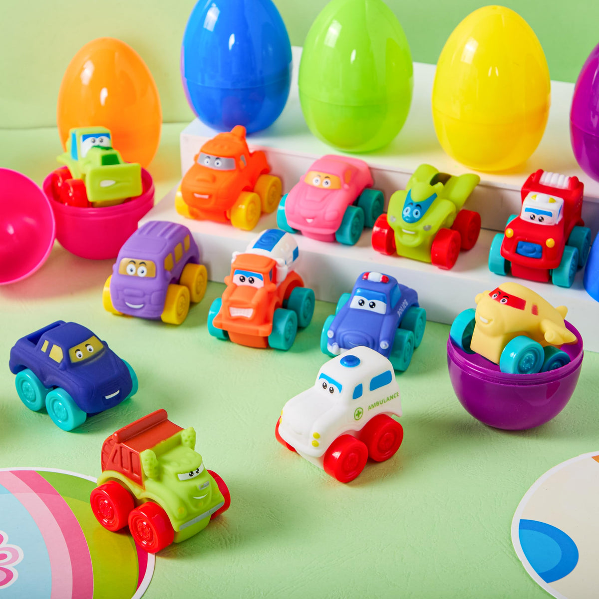 JOYIN 12 Pcs Easter Eggs with Rubber Cars