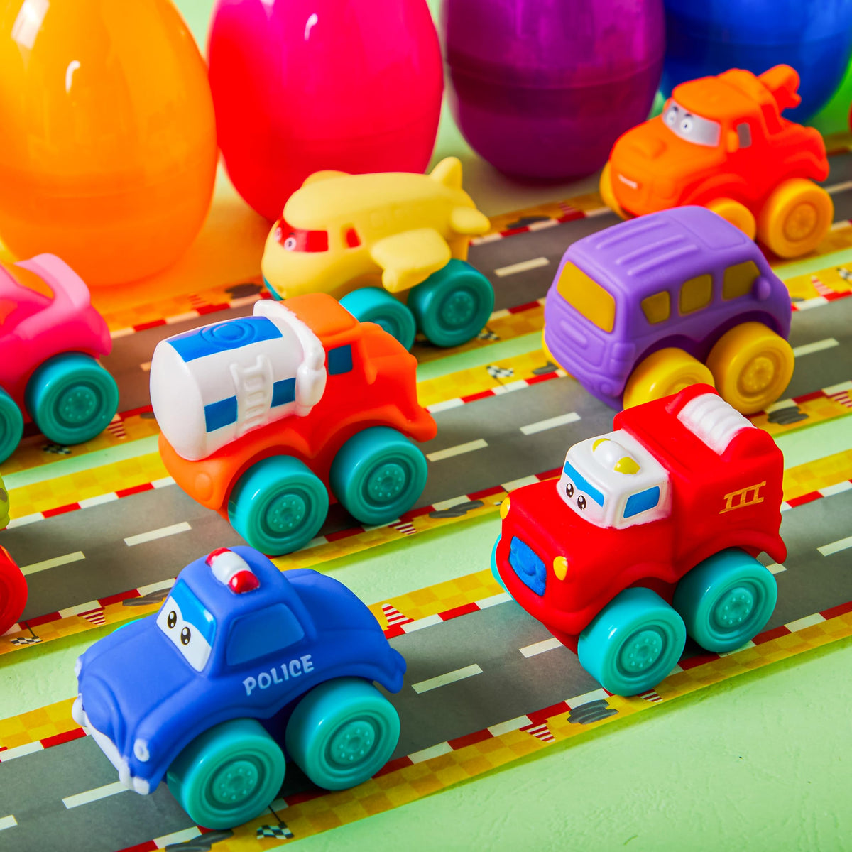 JOYIN 12 Pcs Easter Eggs with Rubber Cars