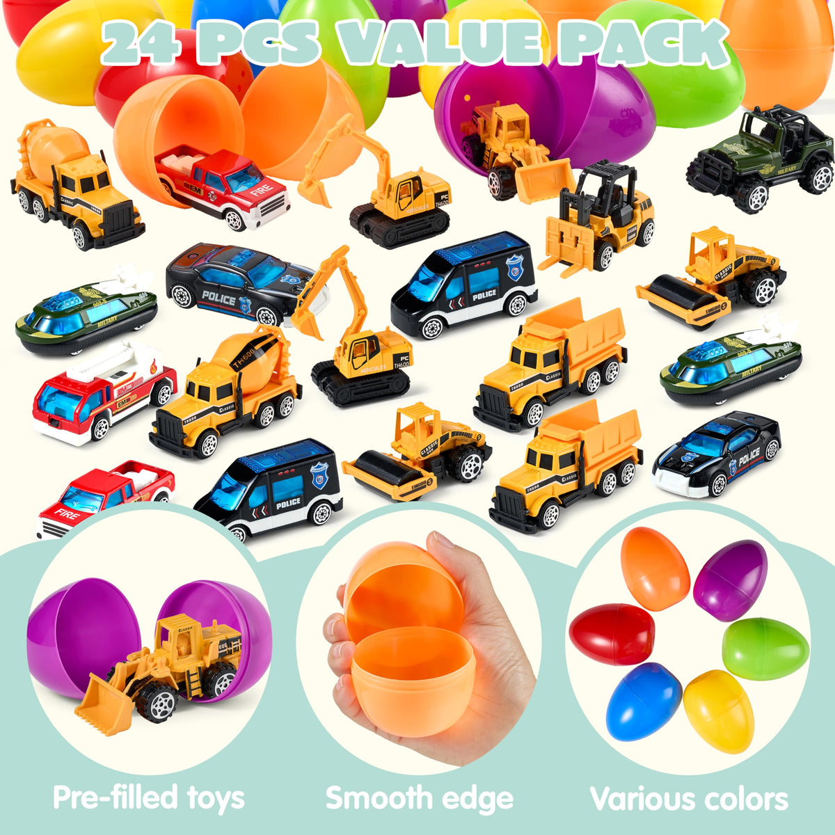 JOYIN 24 Pcs Prefilled Easter Eggs with Vehicle Toys
