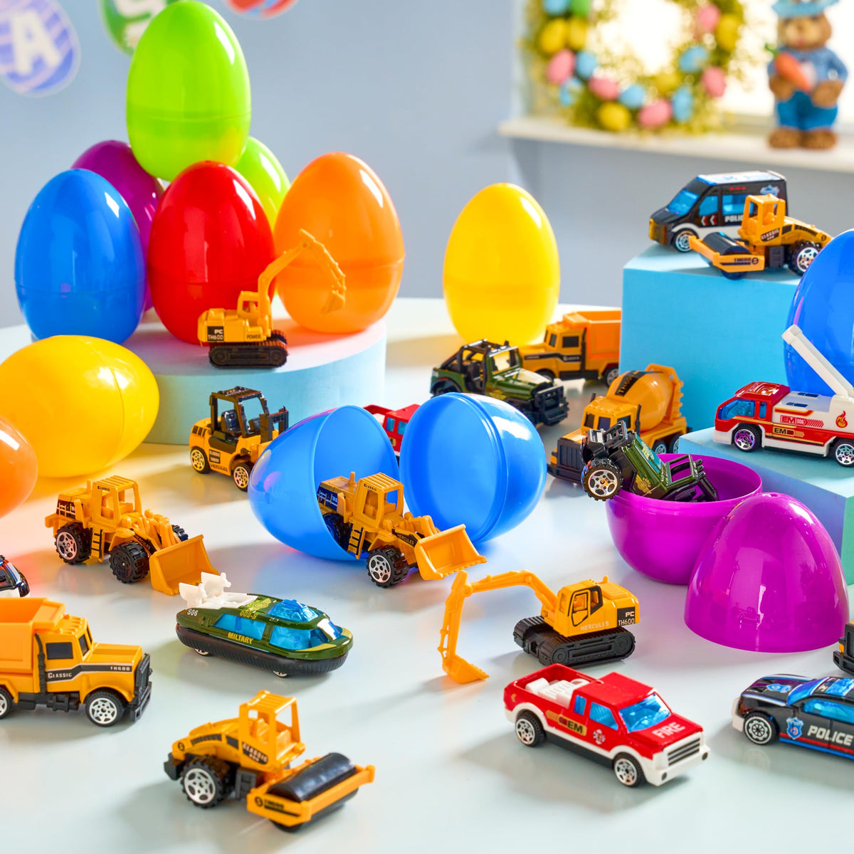 JOYIN 24 Pcs Prefilled Easter Eggs with Vehicle Toys