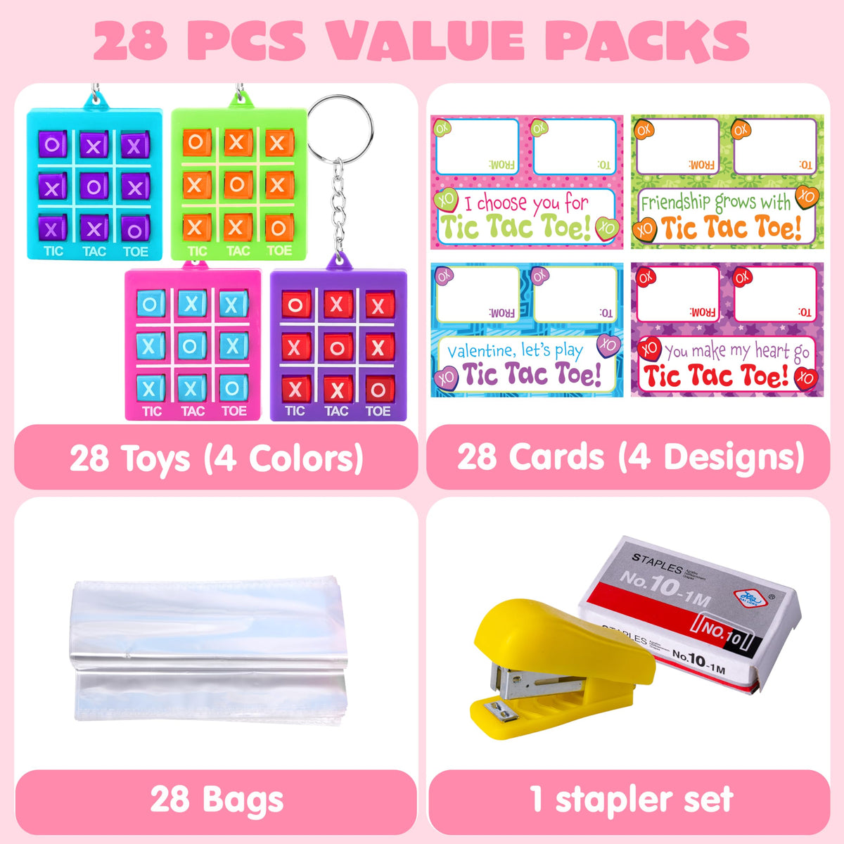 JOYIN 28 Pcs Valentine's Day Plastic Tic Tac Toe Game Favors with 4 Colors for Kids Goodie Bag Stuffers