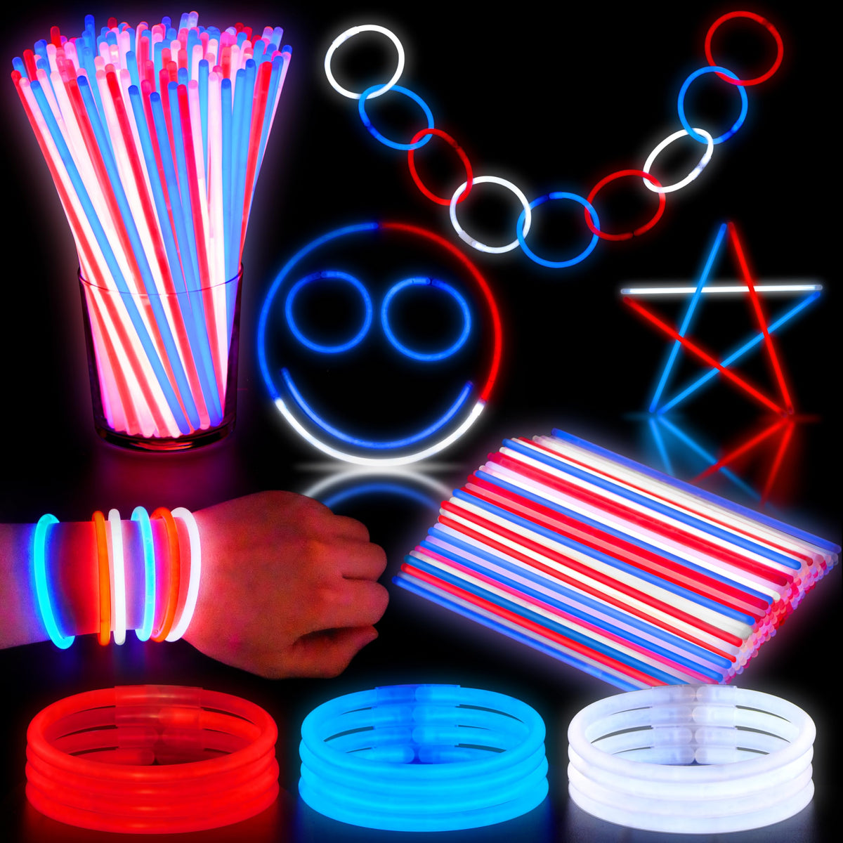 JOYIN Patriotic Glow Sticks Party Pack - 200 Pcs Red, White & Blue