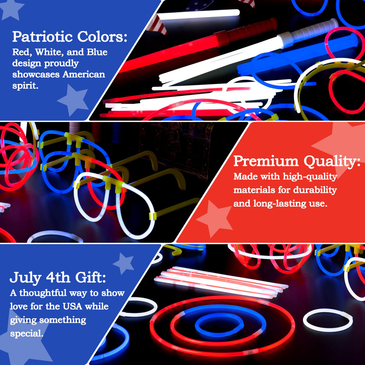 JOYIN Red, White & Blue Patriotic Glow Sticks & Accessories Pack - 90 Pcs
