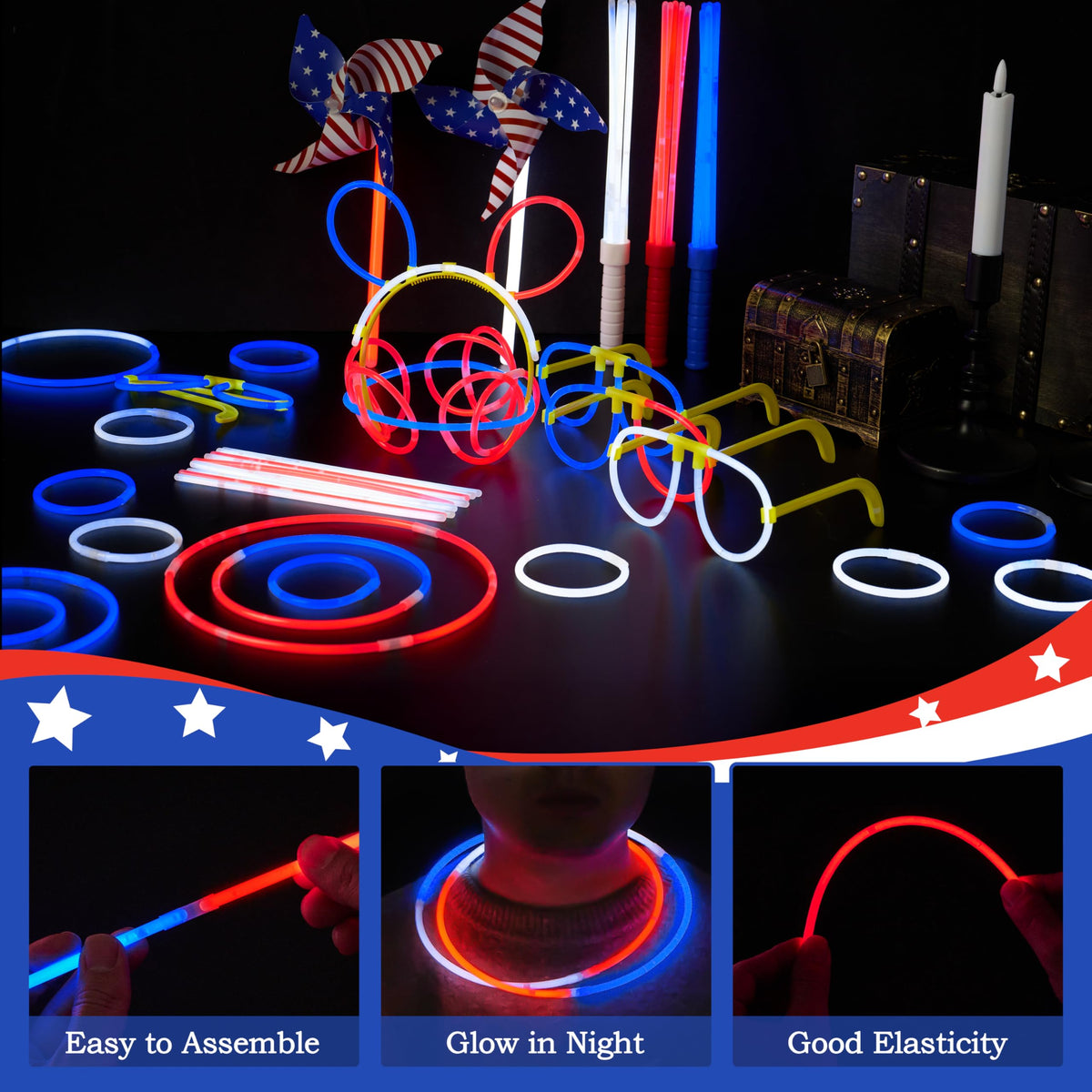 JOYIN Red, White & Blue Patriotic Glow Sticks & Accessories Pack - 90 Pcs