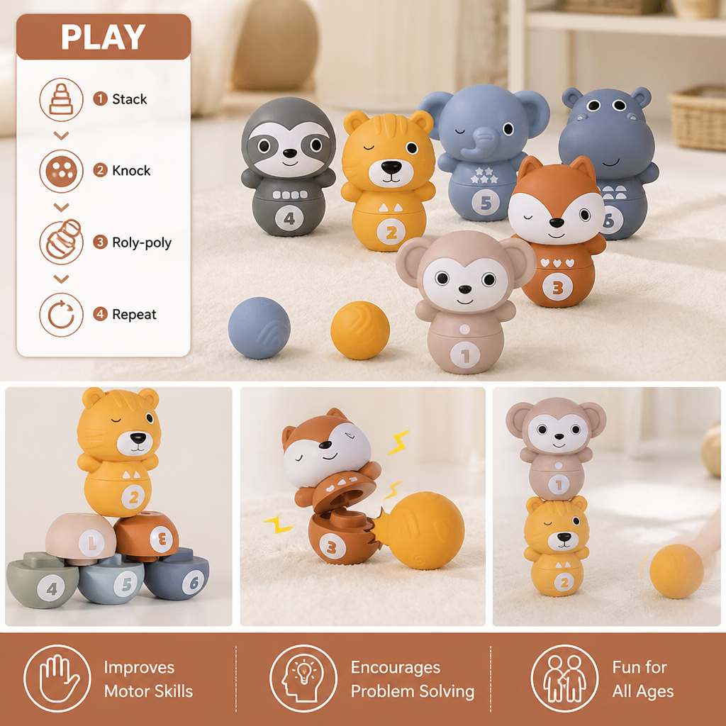 6-in-1 Soft Rubber Animal Bowling & Stacking Game β Montessori Learning Toy for Kids