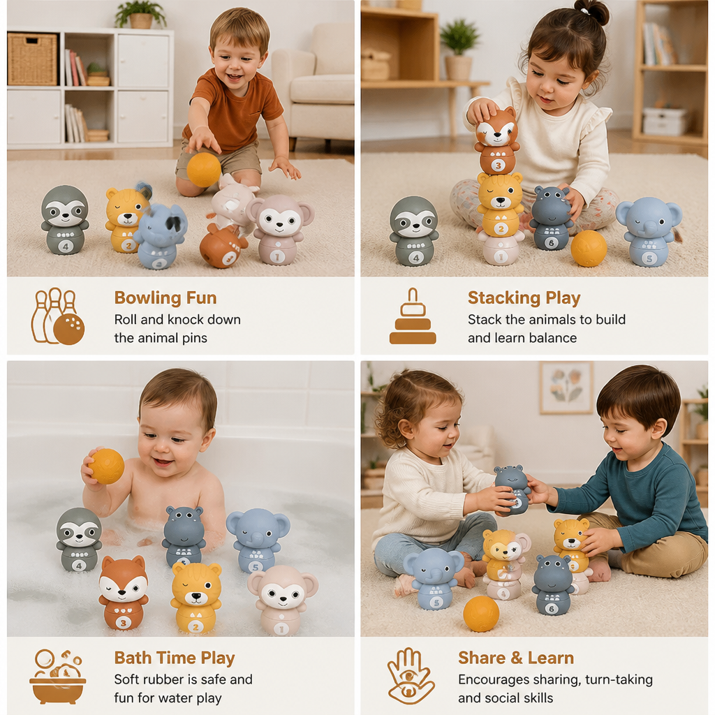 6-in-1 Soft Rubber Animal Bowling & Stacking Game β Montessori Learning Toy for Kids