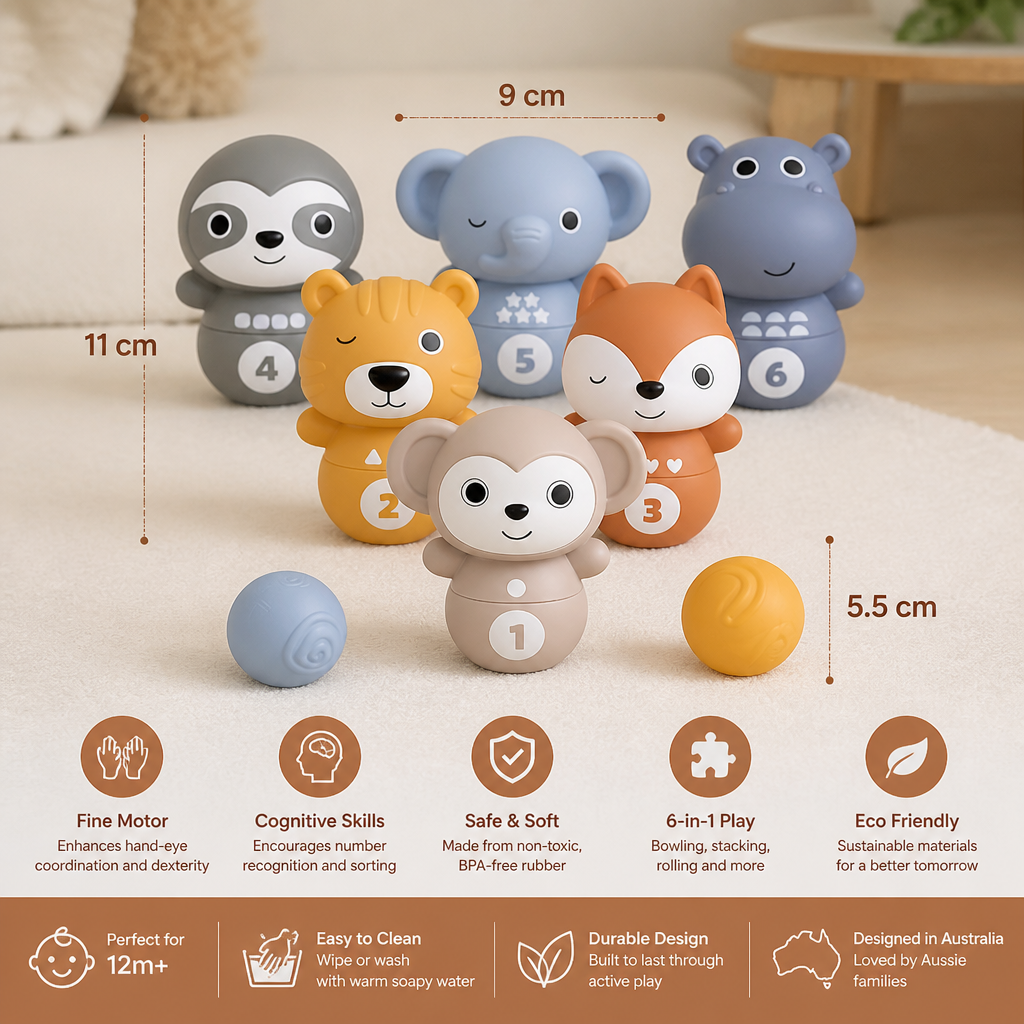 6-in-1 Soft Rubber Animal Bowling & Stacking Game β Montessori Learning Toy for Kids