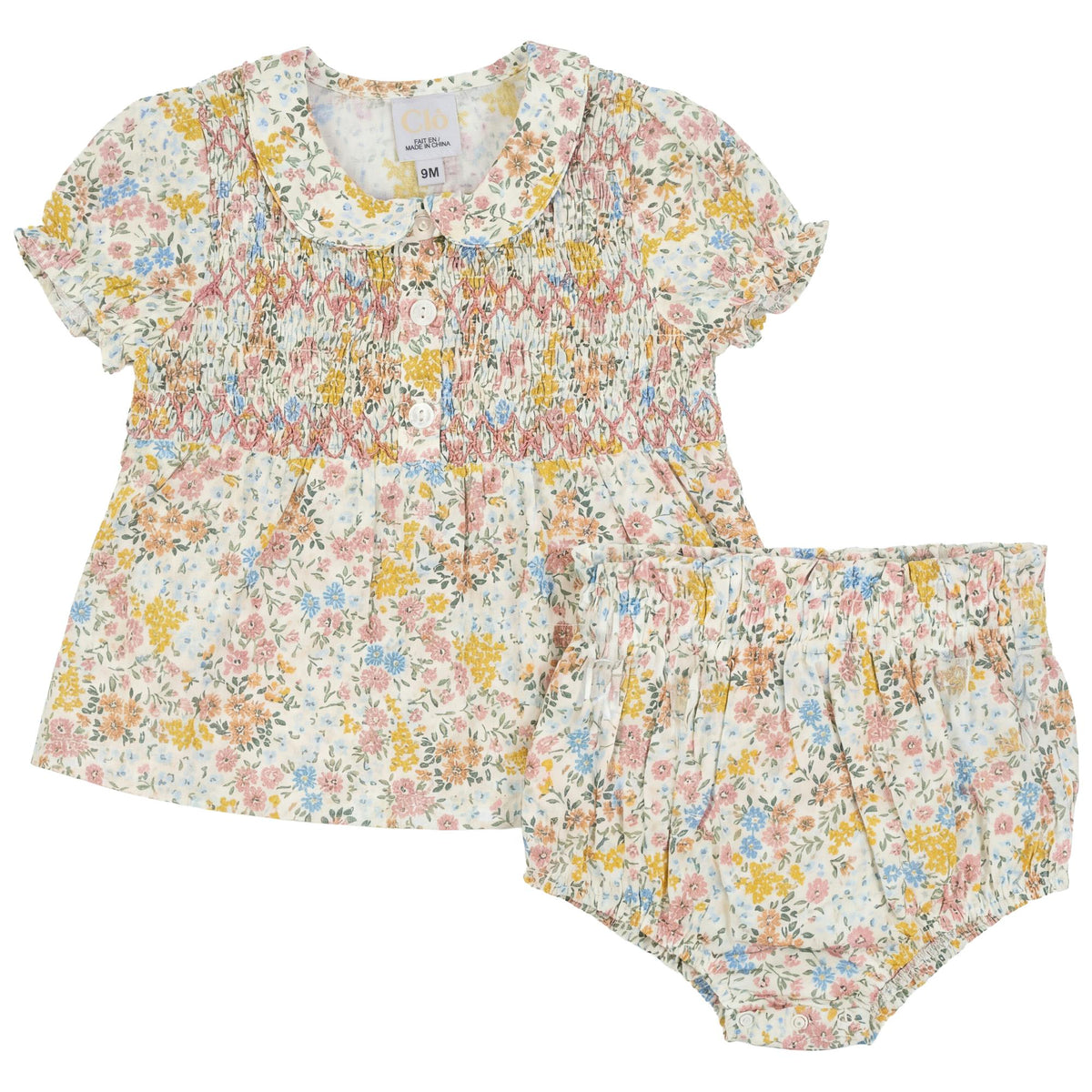 Multi Flower Print Baby Set With Front Smocking